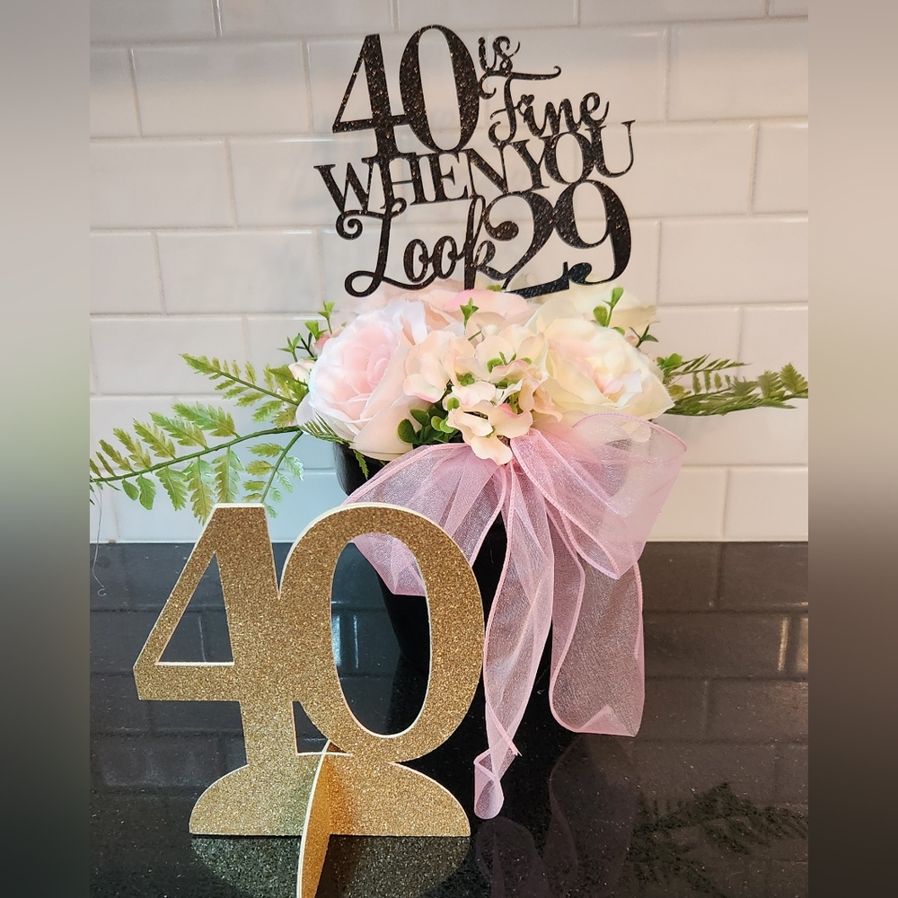 40th Birthday 2 Small Floral Centerpieces and 3 Gold 40 Party Decor